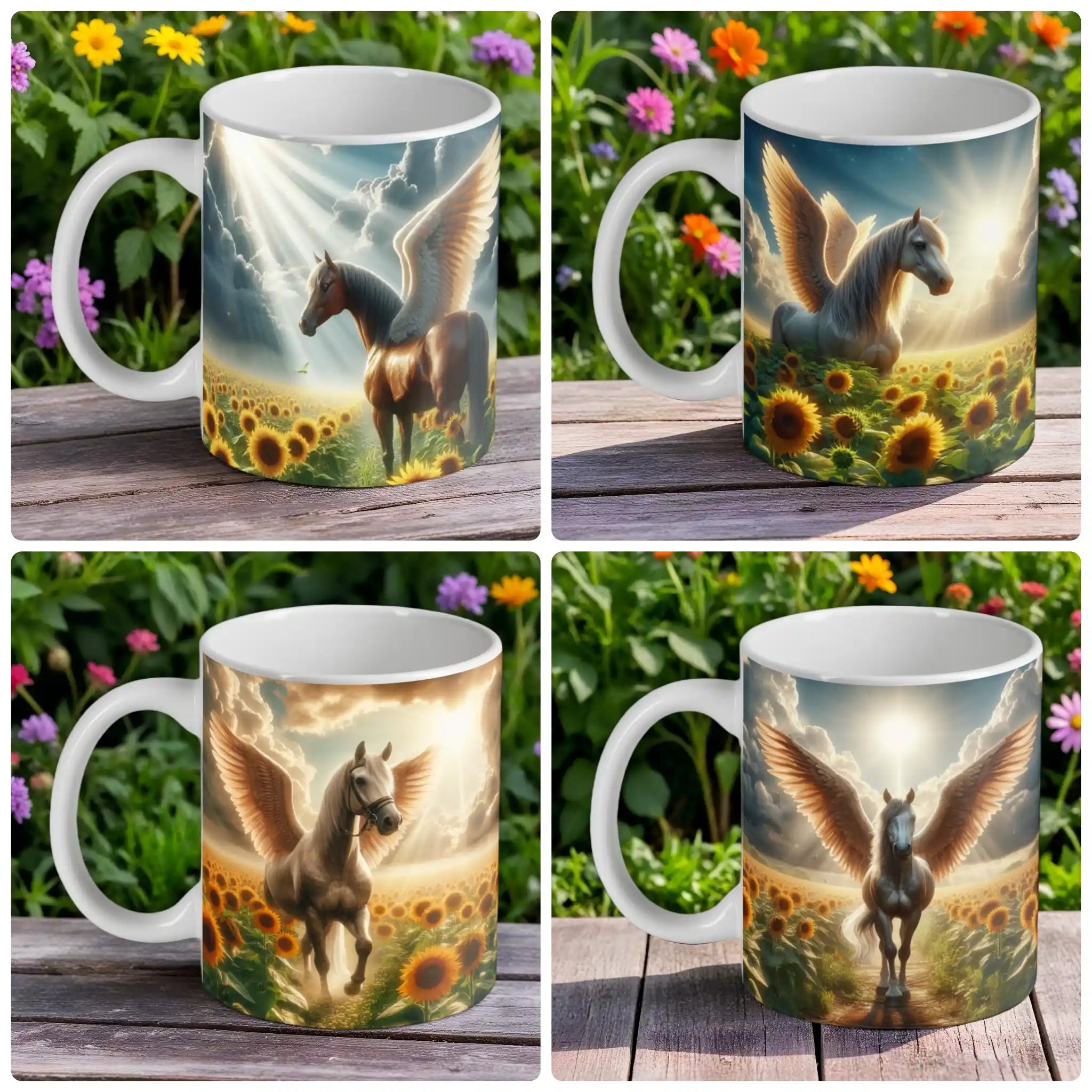 A collage showcasing the 'Angel Wings' Pegasus mug collection by Laser Design Creations, displaying the four available design variants: brown, white & grey winged horses.