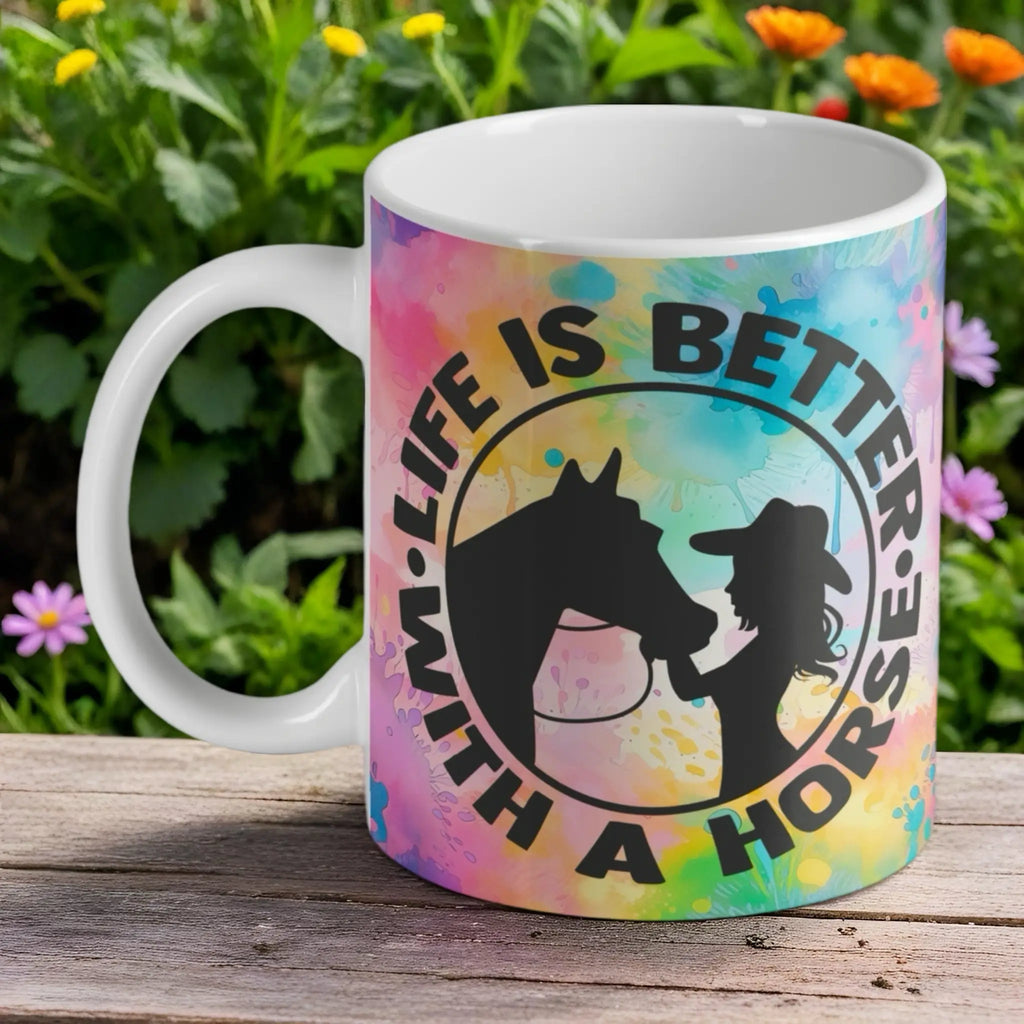 "Life is Better with a Horse" ceramic mug, featuring a silhouette of a cowgirl and her horse against a vibrant watercolour background.
