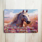 White Horse in Flowers Novelty Aluminium Sign by Laser Design Creations, featuring an inspirational quote about the thunder of hooves and the thrill of freedom, set against a vibrant background.