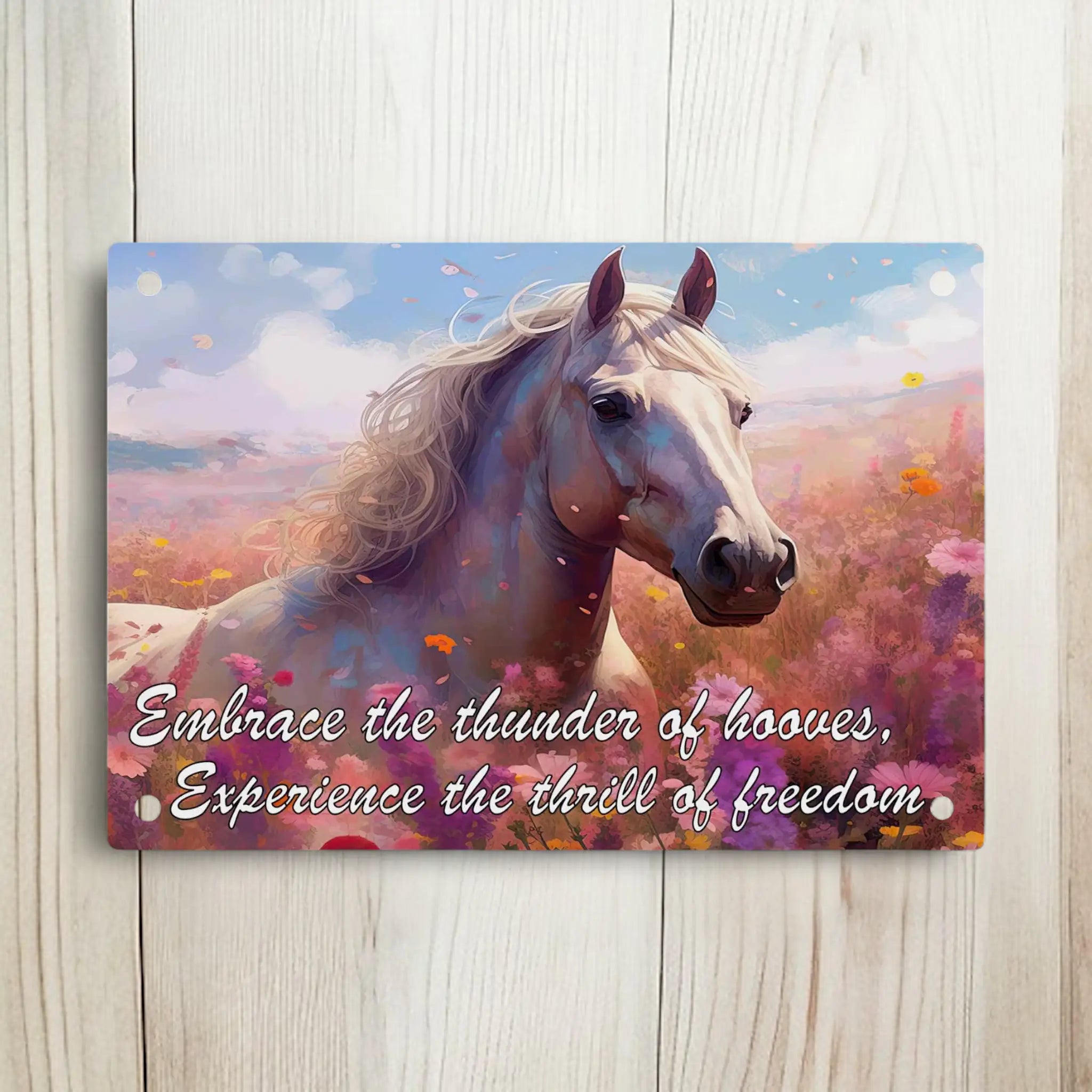 White Horse in Flowers Novelty Aluminium Sign by Laser Design Creations, featuring an inspirational quote about the thunder of hooves and the thrill of freedom, set against a vibrant background.