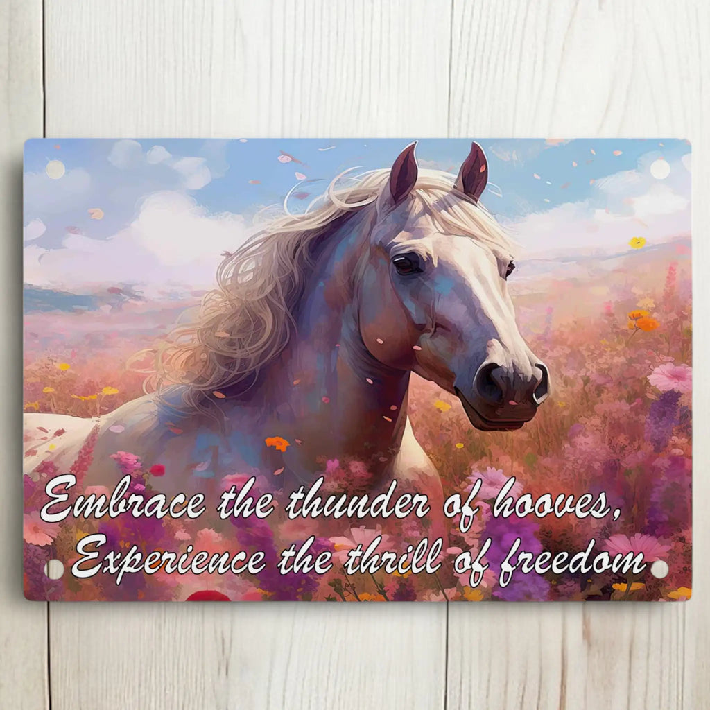 Dreamy White Horse Meadow Inspirational Quote Aluminium Sign by Laser Design Creations, featuring a vibrant, painterly white horse running through a flowery meadow.