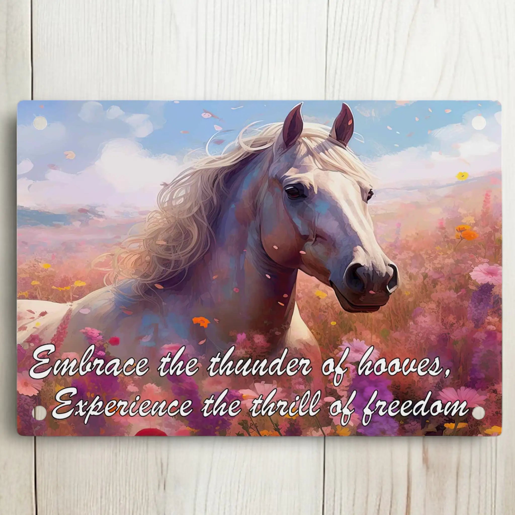 Dreamy White Horse Meadow Inspirational Quote Aluminium Sign by Laser Design Creations, featuring a vibrant, painterly white horse running through a flowery meadow.