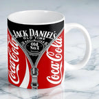 Reverse side of Graphic Mashup mug, showing the iconic Jack Daniel's and Coca-Cola text separated by a zipper visual by Laser Design Creations.