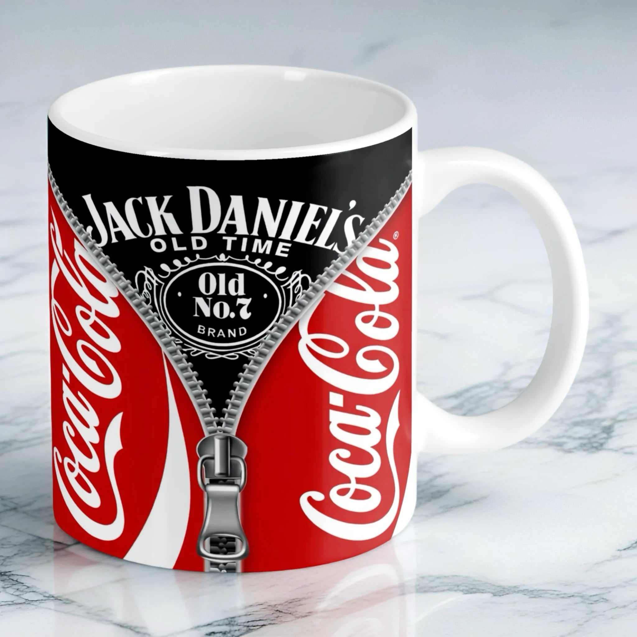 Reverse side of Graphic Mashup mug, showing the iconic Jack Daniel's and Coca-Cola text separated by a zipper visual by Laser Design Creations.