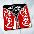 Side view of Graphic Mashup neoprene coaster with a zipper revealing Jack Daniel's branding from Coca-Cola text, by Laser Design Creations.