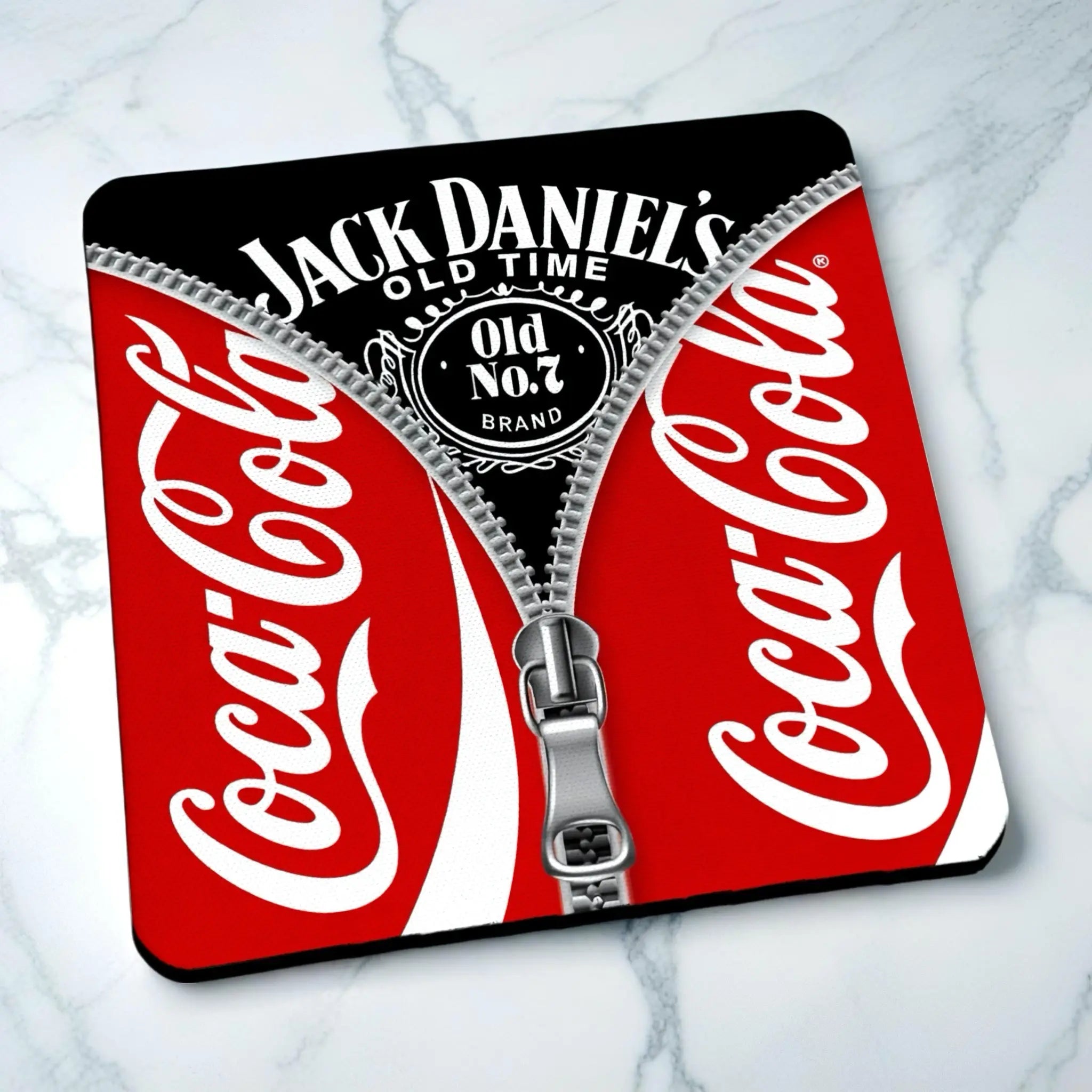 Side view of Graphic Mashup neoprene coaster with a zipper revealing Jack Daniel's branding from Coca-Cola text, by Laser Design Creations.