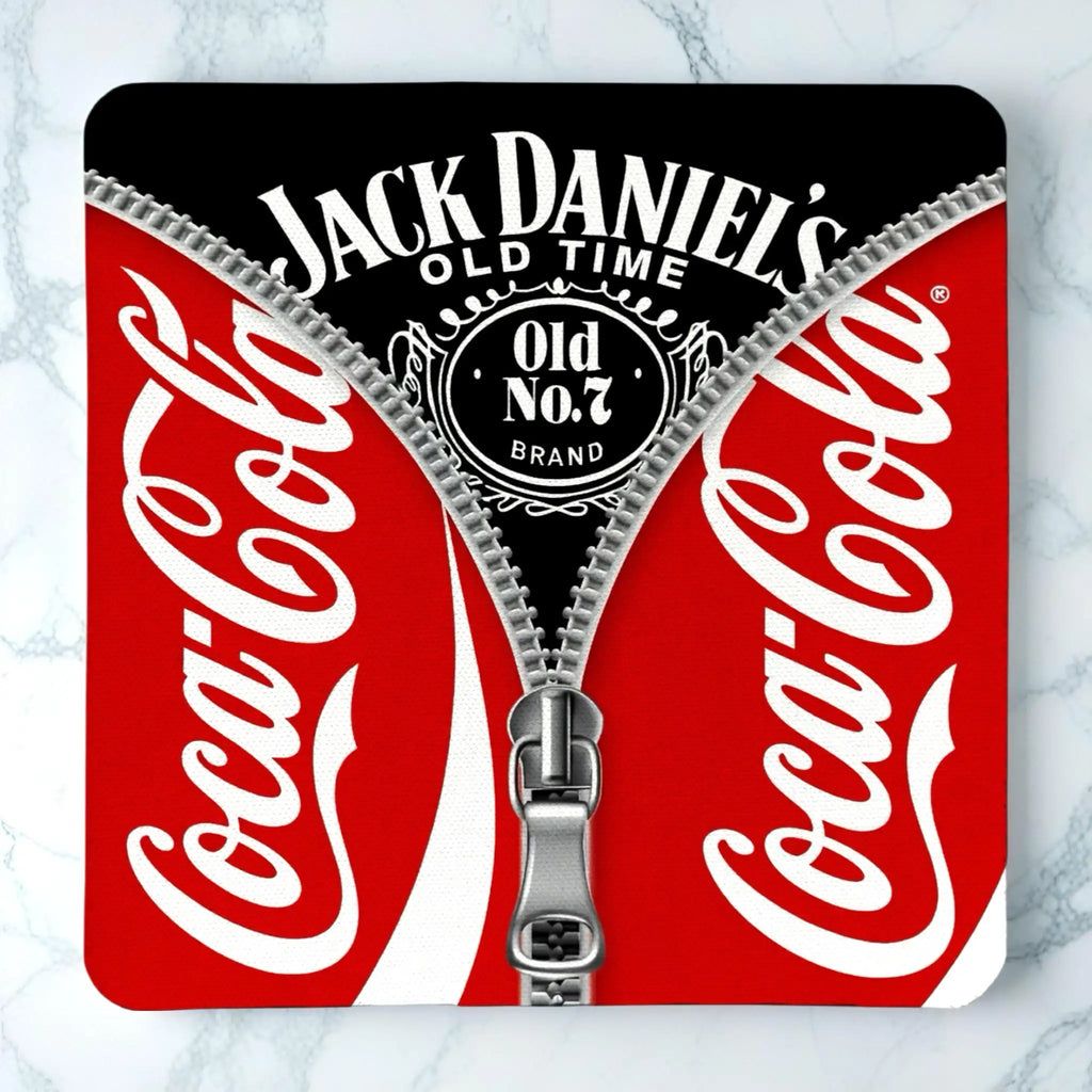 Top view of Novelty neoprene coaster with a zipper pull design over blended beverage logos, by Laser Design Creations.