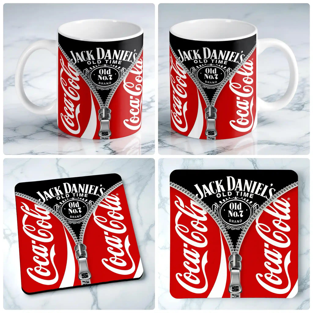 Novelty Graphic Mashup mug and coaster combo gift set collage, showcasing the zipper revealing Jack Daniel's from Cola branding, by Laser Design Creations.