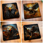 Lifestyle collage image of the Colourful Splatter Paint Eagle neoprene coasters, printed by Australian small business Laser Design Creations.