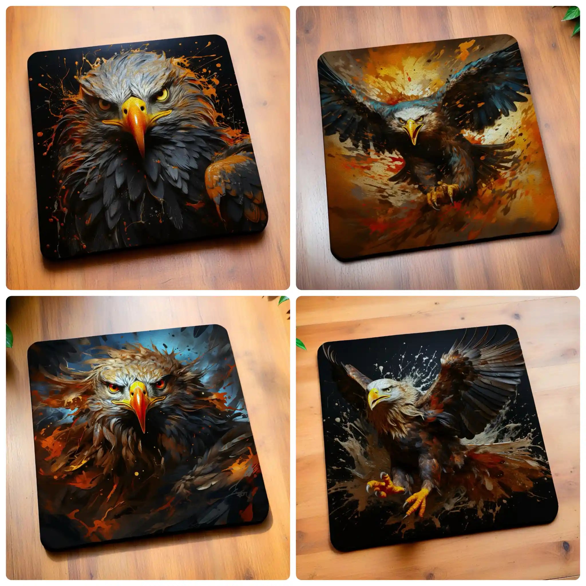 Lifestyle collage image of the Colourful Splatter Paint Eagle neoprene coasters, printed by Australian small business Laser Design Creations.