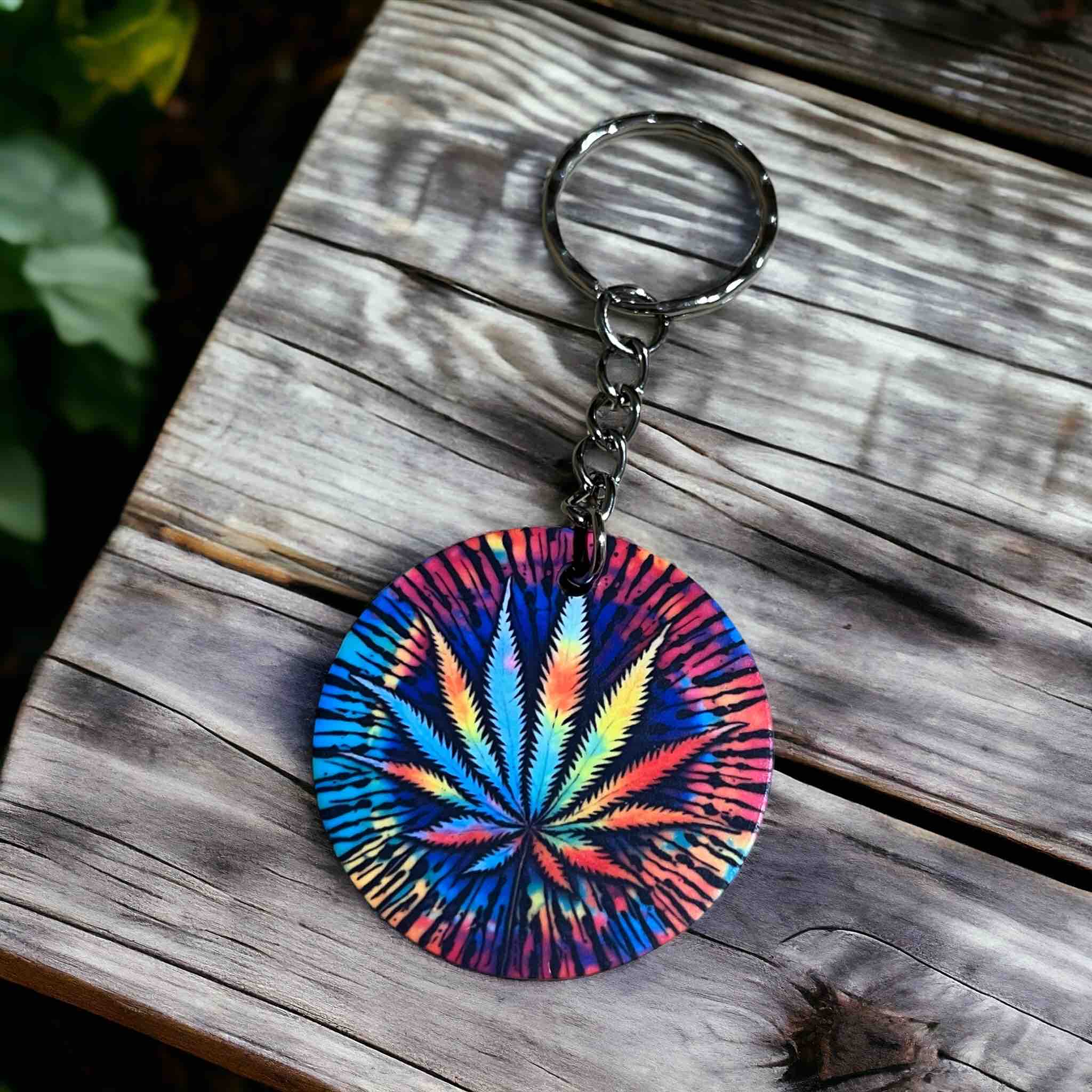 Psychedelic Tie-Dye Cannabis Leaf Keychain with Vibrant Hippie Vibes! - Keyring / Bag Tag - Laser Design Creations