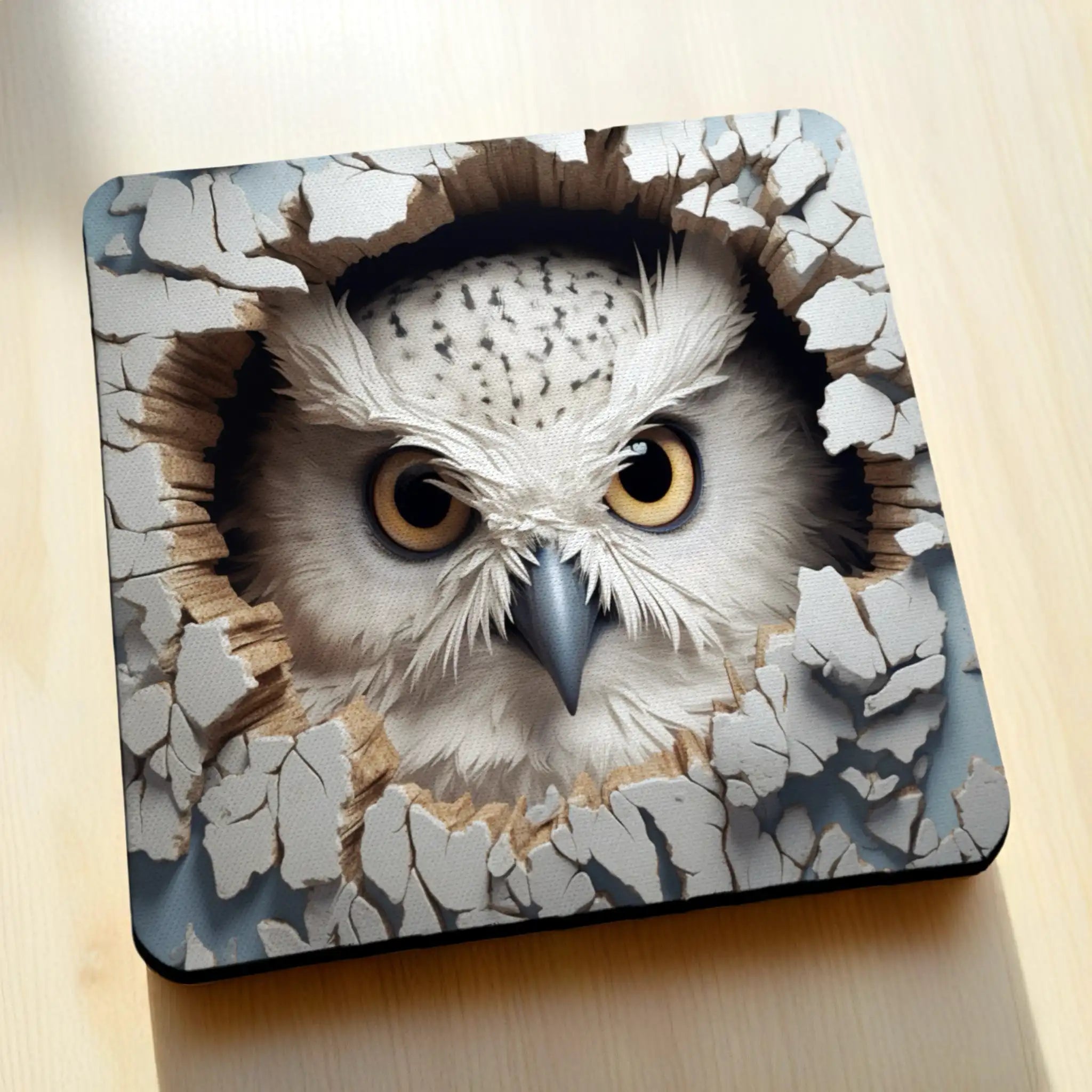 Side view of Peeking Snowy Owl Cracked Wall neoprene coasters, showcasing a clever 3D illusion illustration of a fluffy white owl peeking through a cracked stone wall by Laser Design Creations.