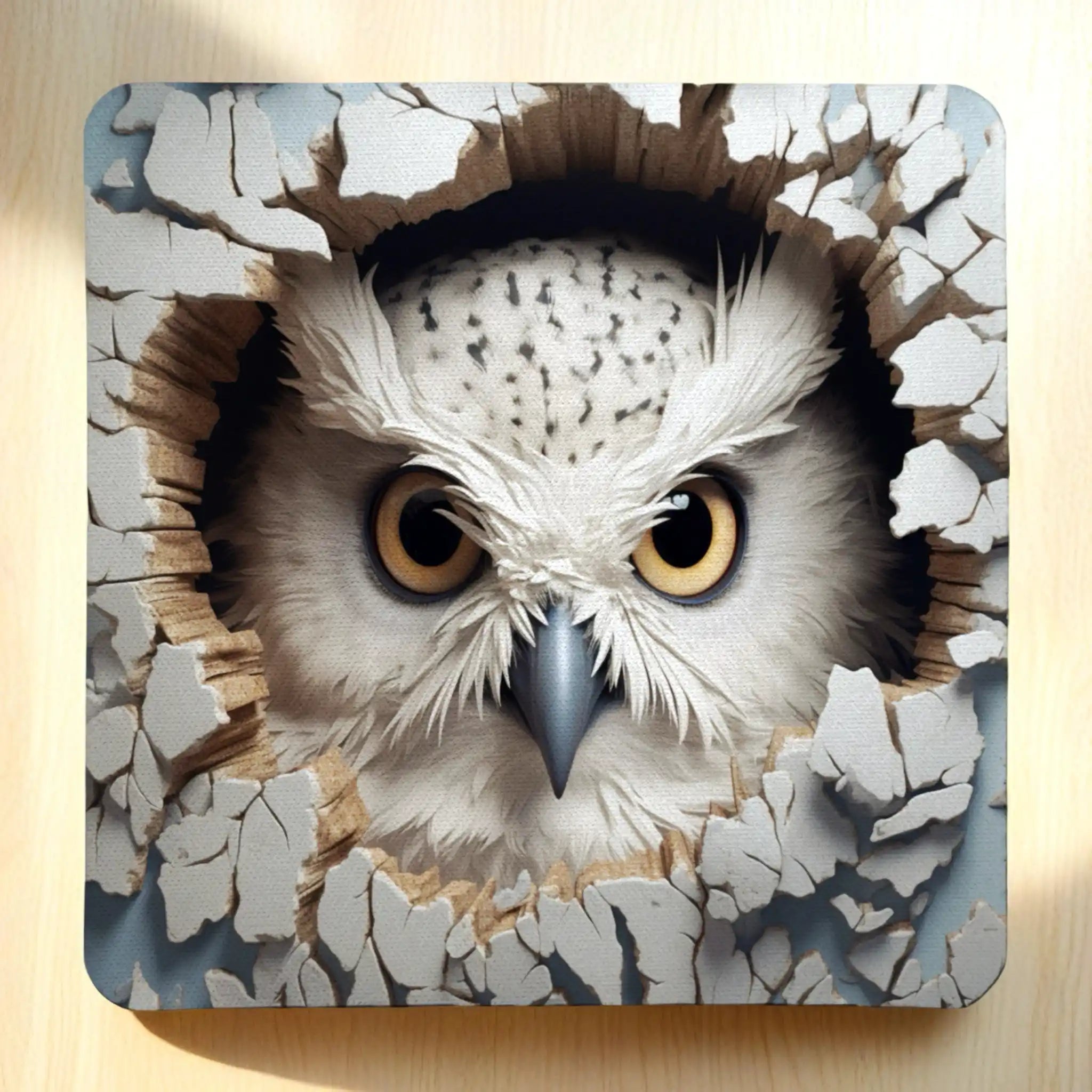 Peeking Snowy Owl Cracked Wall neoprene coasters by Laser Design Creations, featuring a clever 3D illusion illustration of a fluffy white owl peeking through a cracked wall.