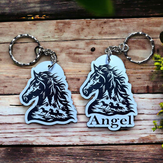 Horse silhouette Art Design Keyring / Bag Tag - Standard or Personalised - Laser Design Creations