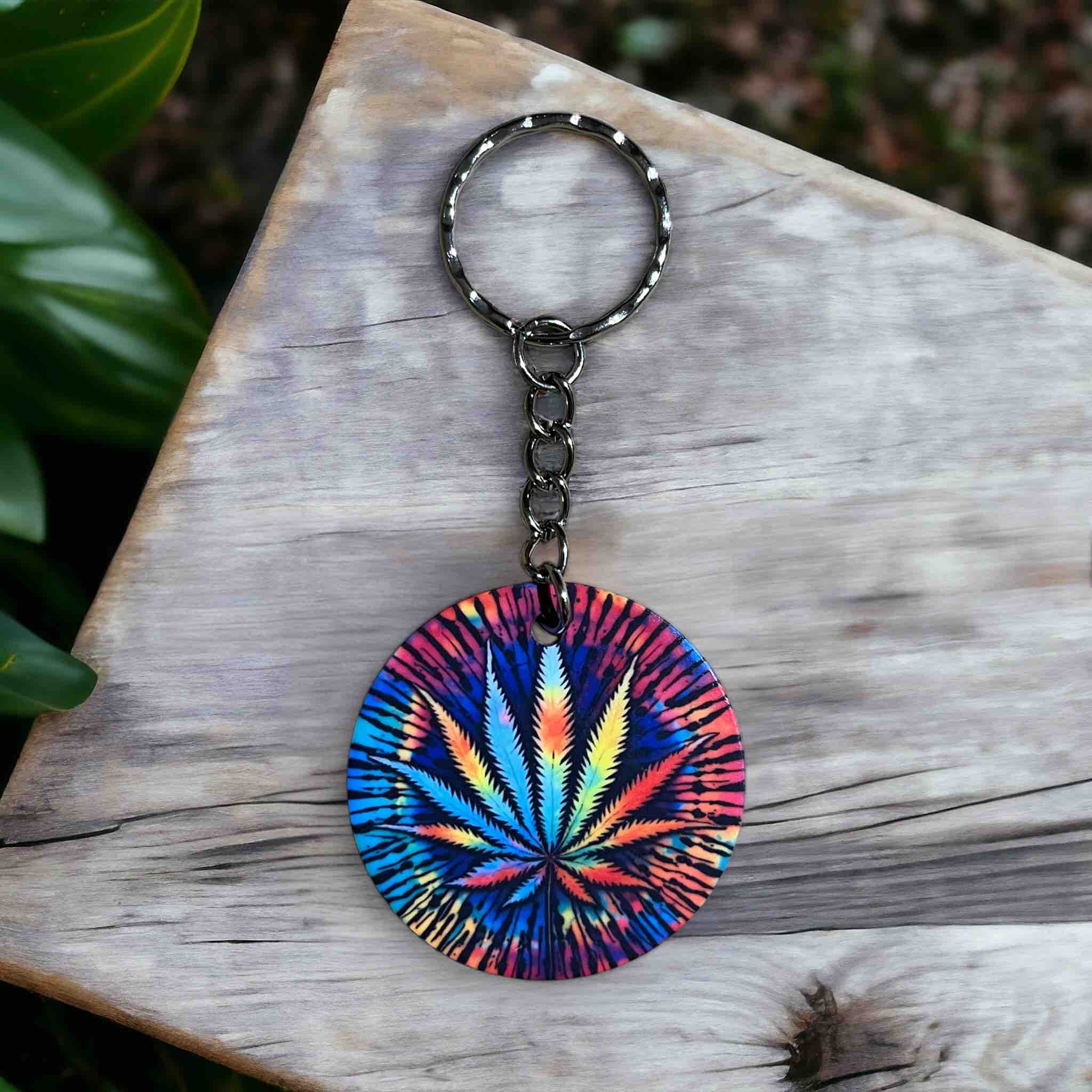 Psychedelic Tie-Dye Cannabis Leaf Keychain with Vibrant Hippie Vibes! - Keyring / Bag Tag - Laser Design Creations