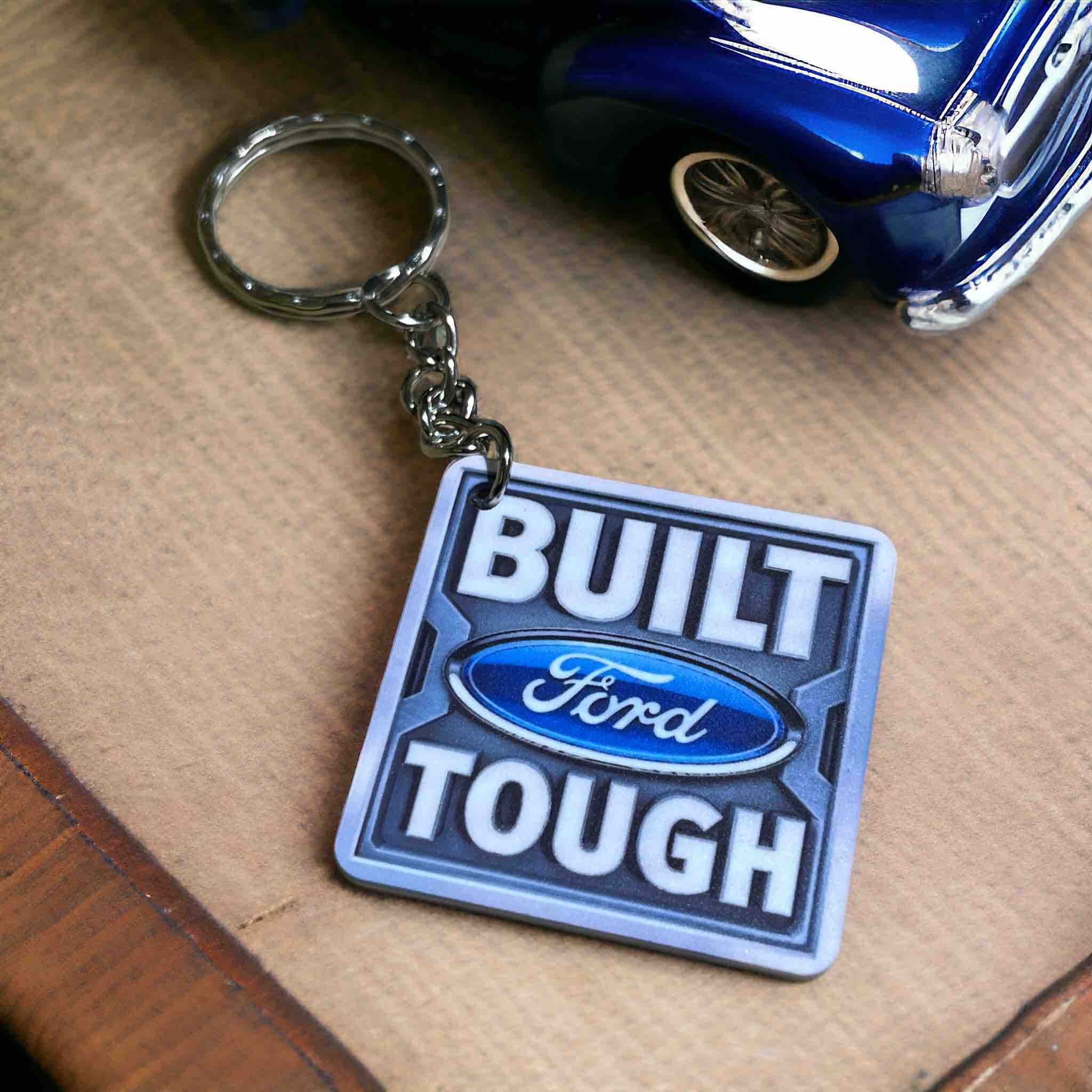 Side view of Built Ford Tough Badge Keyring, showcasing the rugged automotive badge design for Ford enthusiasts by Laser Design Creations.