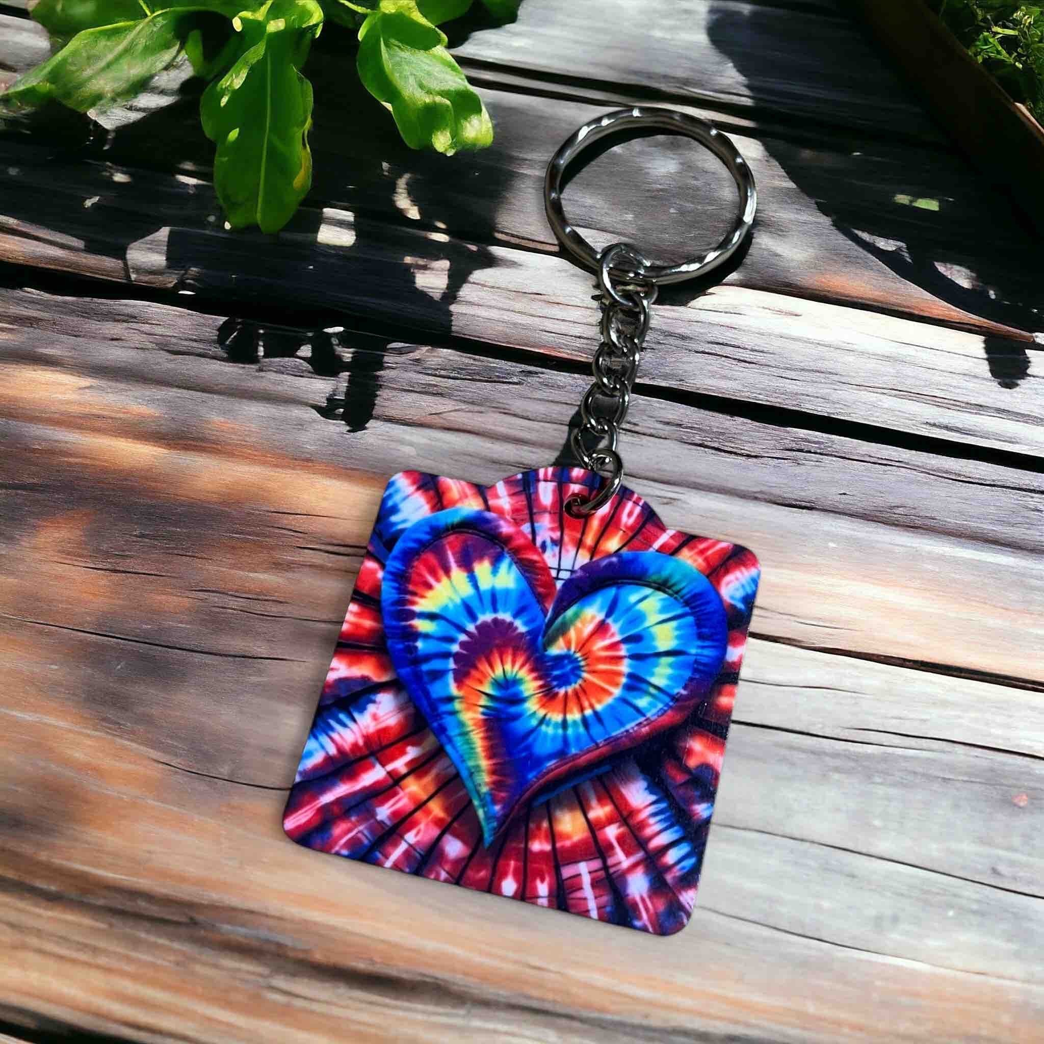 Tie-Dye Heart with Vibrant Rainbow Swirls Design - Keyring / Bag Tag - Laser Design Creations
