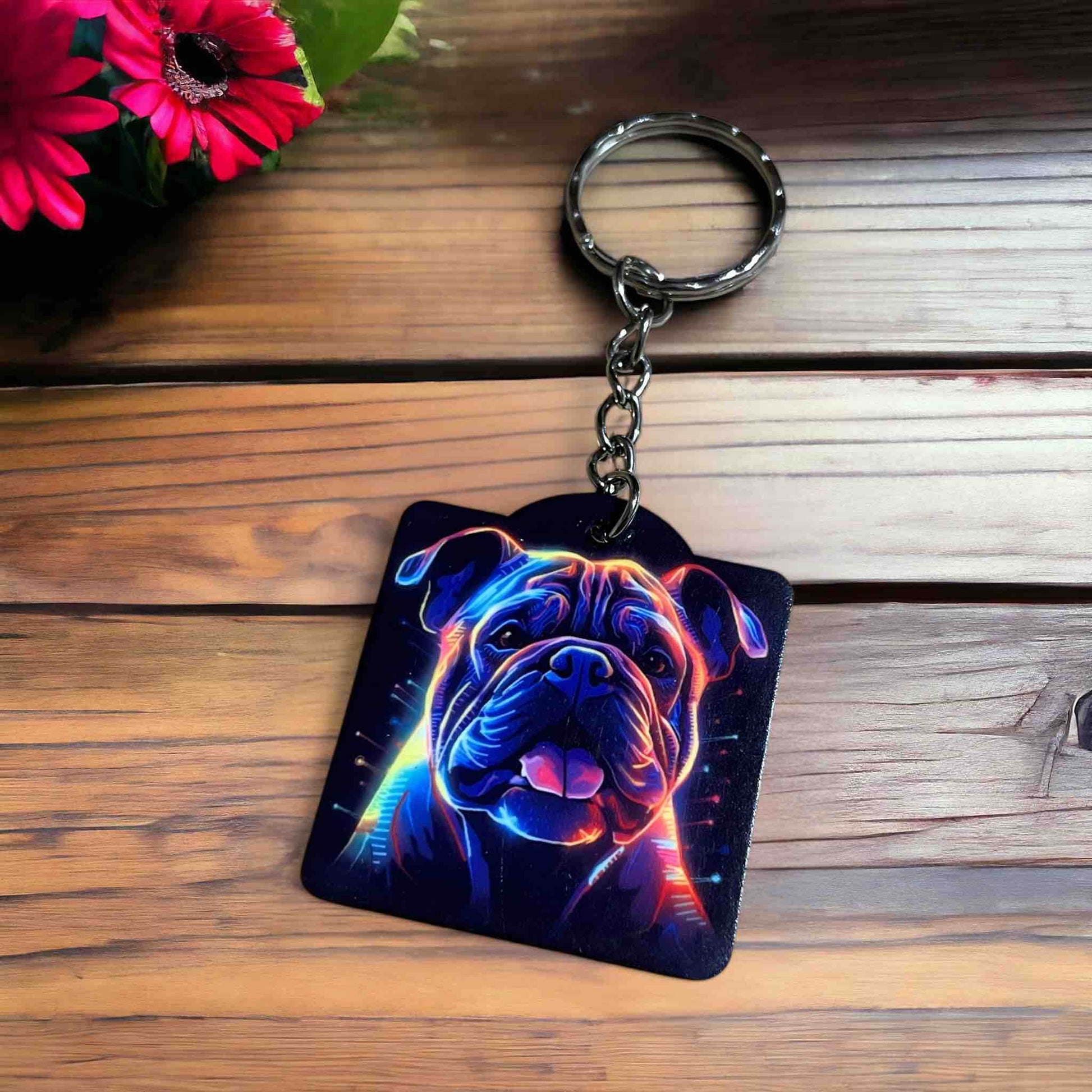 Vibrant Neon Style Bulldog - Keyring / Bag Tag - Laser Design Creations