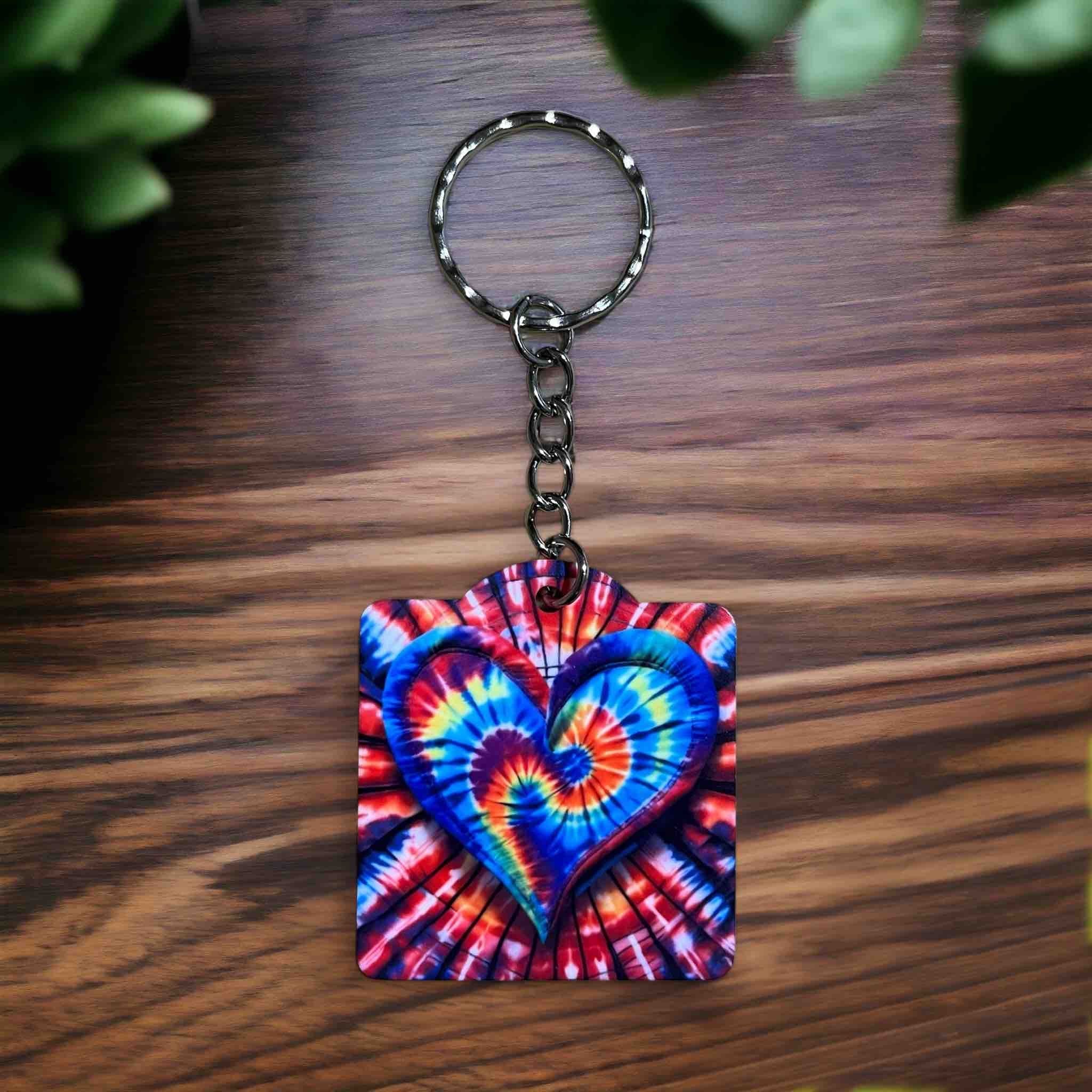 Tie-Dye Heart with Vibrant Rainbow Swirls Design - Keyring / Bag Tag - Laser Design Creations