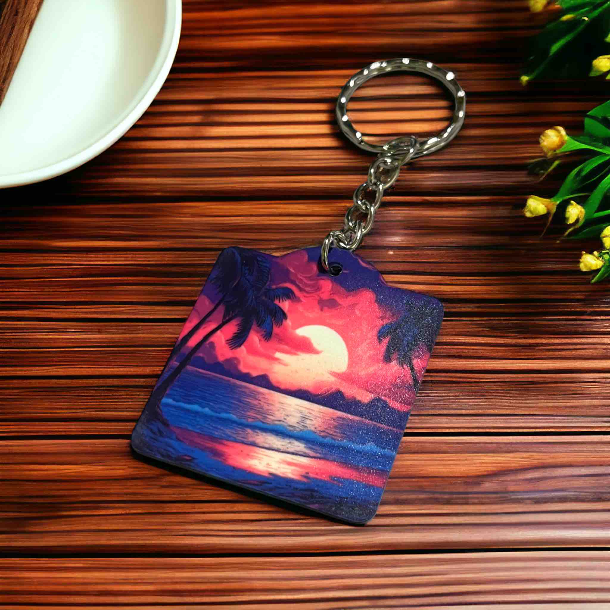Tropical Dreamscape Keyring - Beachy Vibes & Sunset Hues Keyring / Bag Tag - Laser Design Creations