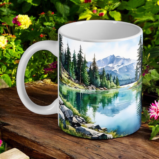 ‘Mountain & Lake’ Watercolour Art Style Design Mug - Laser Design Creations