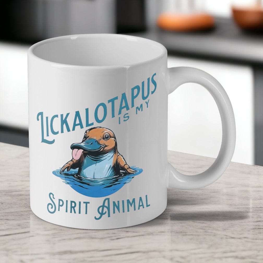 Reverse side of 'Lickalotapus' platypus ceramic mug, showcasing the wrap-around artwork by Laser Design Creations.
