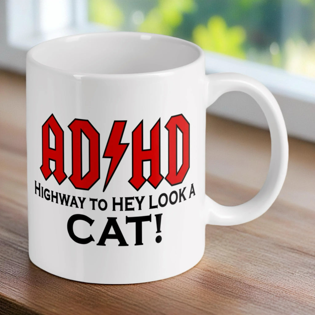 Reverse side of ADHD Highway to Hey Look a Cat ceramic mug, showcasing the wrap-around artwork by Laser Design Creations.