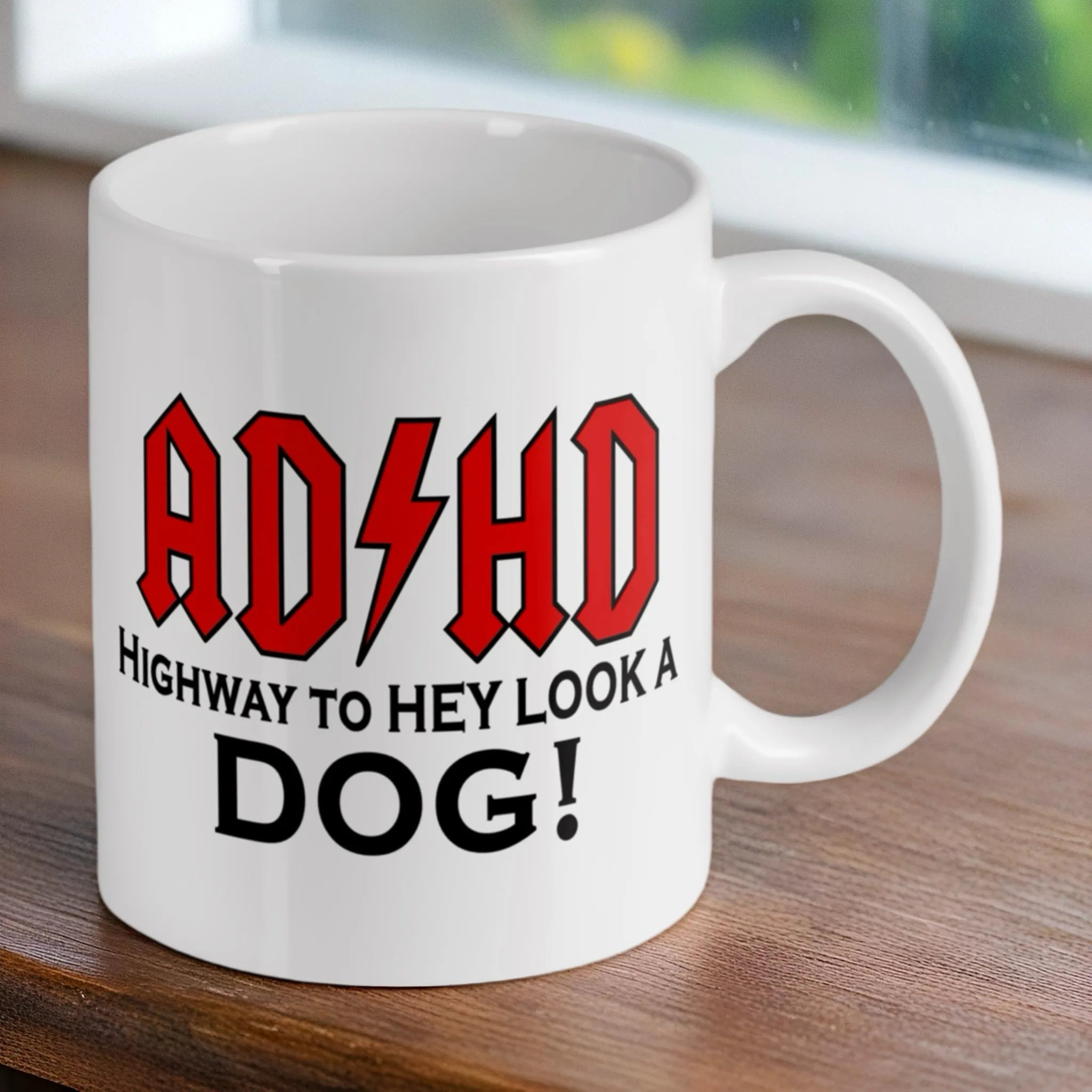 Reverse side of ADHD Highway to Hey Look a Dog ceramic mug, showcasing the wrap-around artwork by Laser Design Creations.
