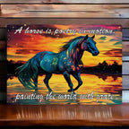 A Horse is Poetry in Motion Aluminium Sign by Laser Design Creations, featuring a majestic horse silhouette with the inspiring quote against a vibrant, painterly sunset background.