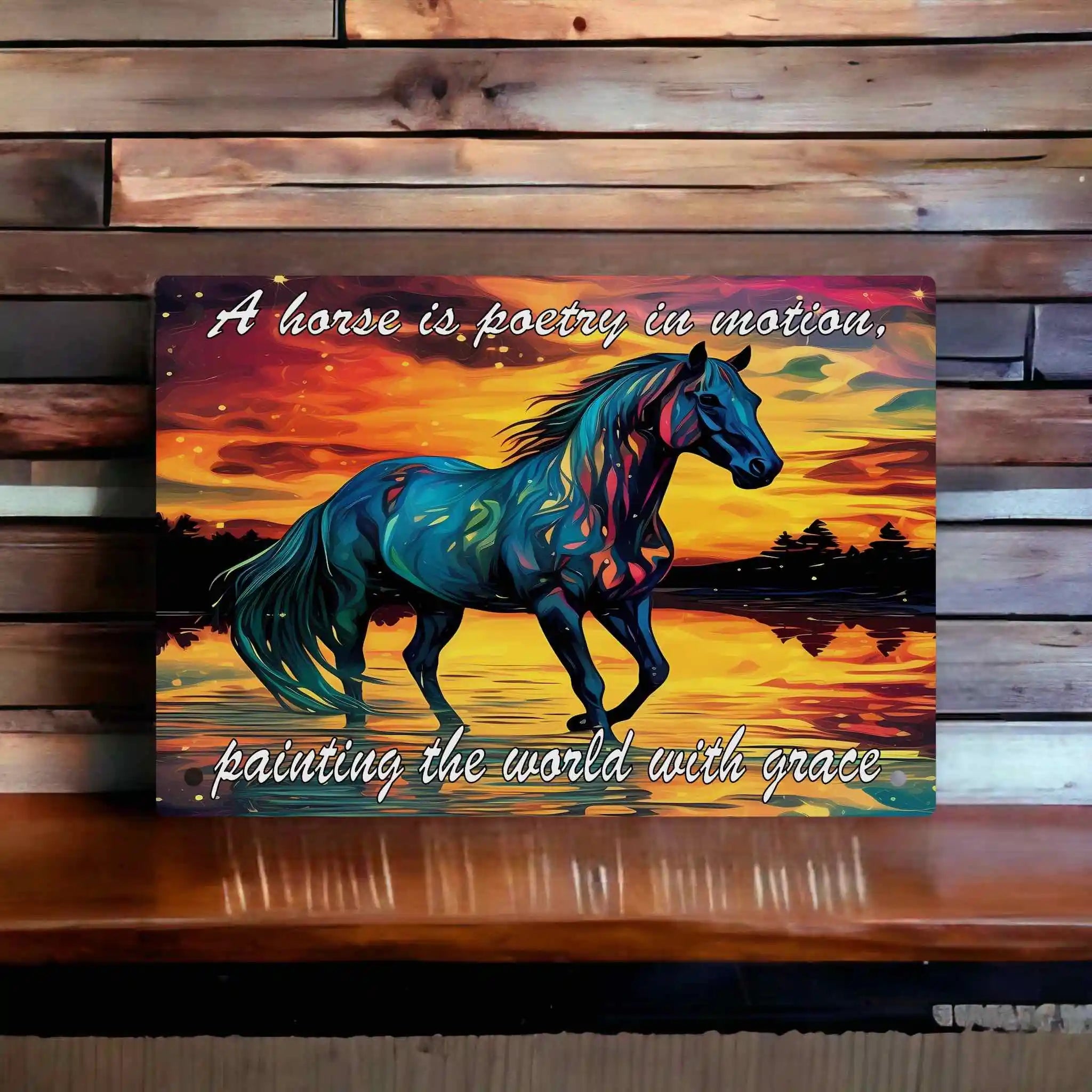 A Horse is Poetry in Motion Aluminium Sign by Laser Design Creations, featuring abstract, expressionistic artwork of an equestrian subject and an inspirational quote about grace.