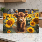 Cute Highland calf with bright yellow sunflowers and a country barn glass chopping board from Laser Design Creations
