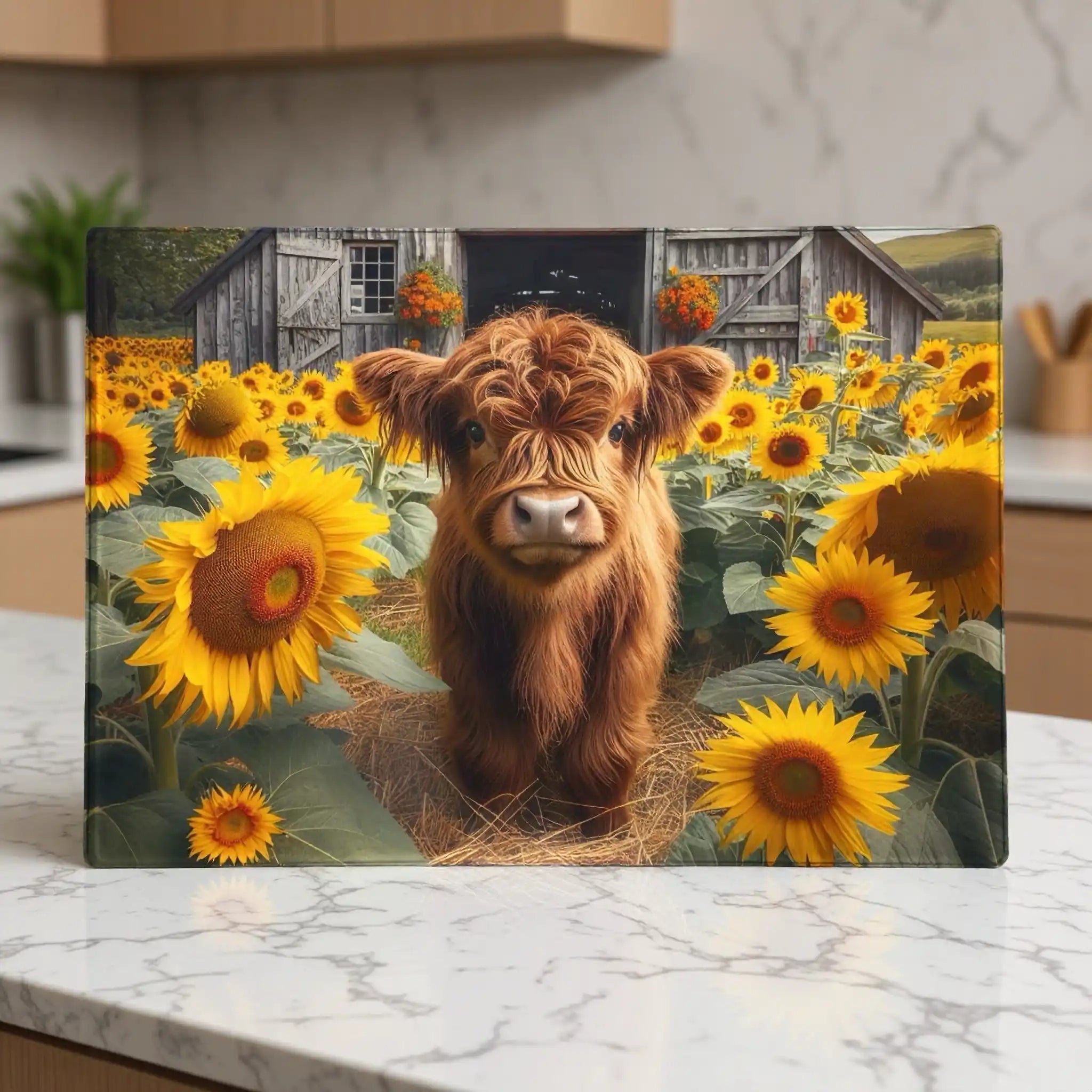 Cute Highland calf with bright yellow sunflowers and a country barn glass chopping board from Laser Design Creations