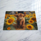 Adorable sunflower Highland calf glass chopping board by Laser Design Creations, featuring a charming country baby cow with vibrant sunflowers and a cottagecore barn background.