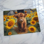 Charming cottagecore styled glass chopping board from Laser Design Creations featuring an adorable baby Highland calf amidst yellow sunflowers and a country barn background.