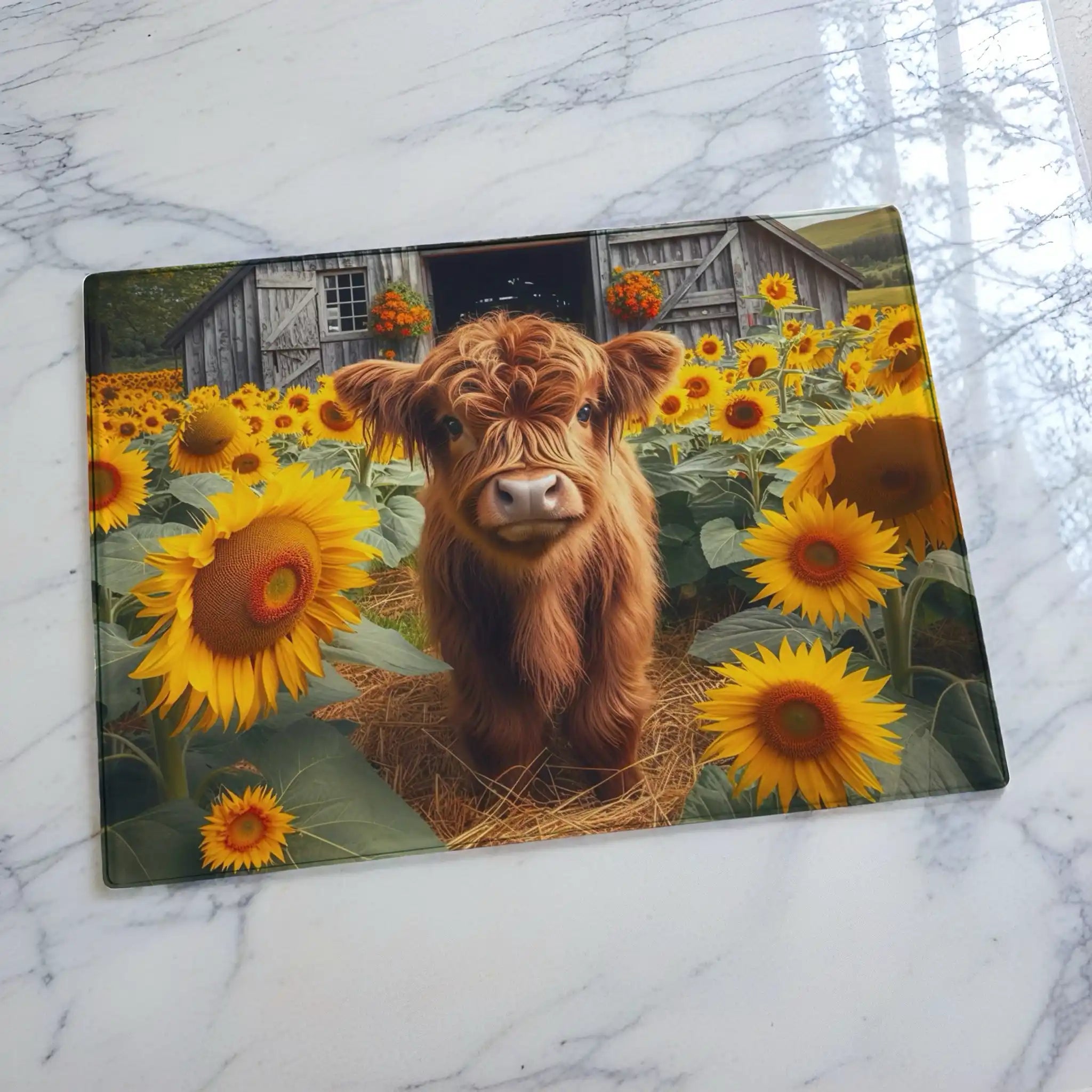 Charming cottagecore styled glass chopping board from Laser Design Creations featuring an adorable baby Highland calf amidst yellow sunflowers and a country barn background.