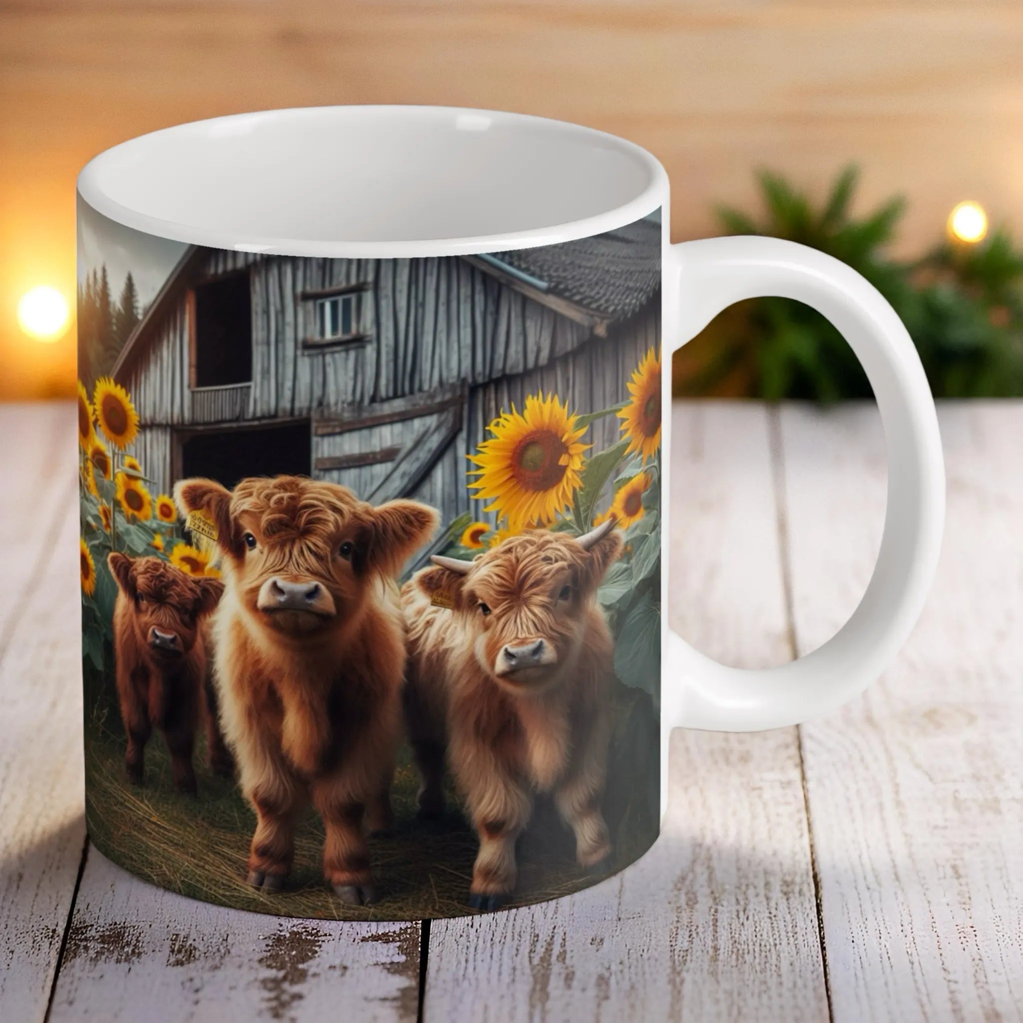 Reverse side of Adorable Baby Highland Cows & Barn ceramic mug, showcasing three fluffy Highland calves and sunflowers in a charming country design by Laser Design Creations.