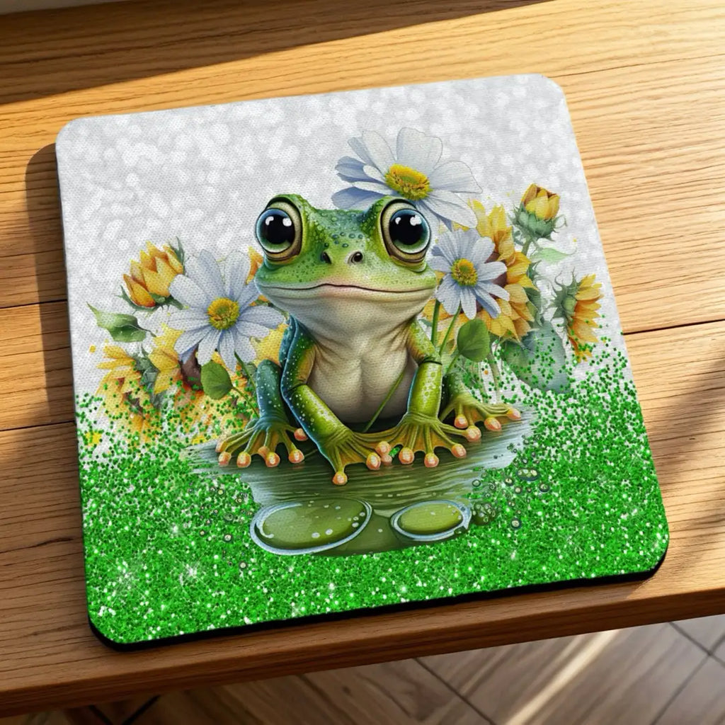 Side view of Adorable Green Frog Whimsical Daisy and Sunflower neoprene coasters, showcasing a cute, sparkly green frog sitting among bright yellow sunflowers and white daisies by Laser Design Creations.