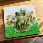 Side view of Adorable Green Frog Whimsical Daisy and Sunflower neoprene coasters, showcasing a cute, sparkly green frog sitting among bright yellow sunflowers and white daisies by Laser Design Creations.