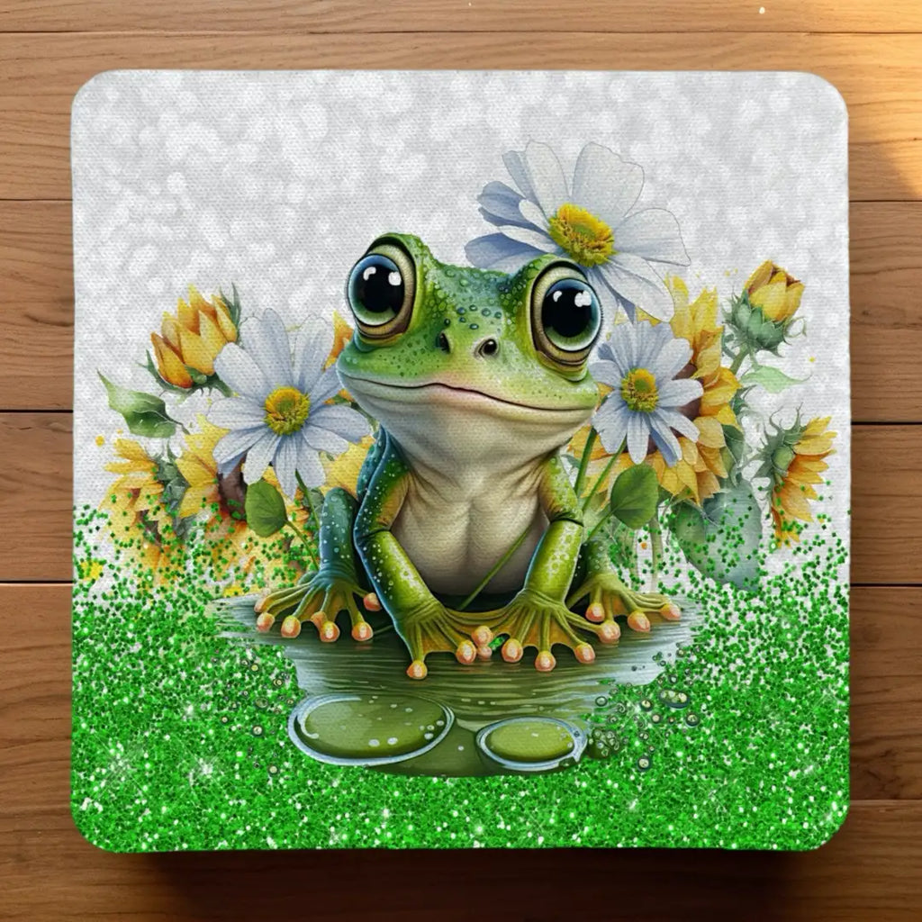 Adorable Green Frog Whimsical Daisy and Sunflower neoprene coasters by Laser Design Creations, featuring a cute green frog surrounded by vibrant sunflowers and whimsical daisy blooms.
