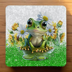 Adorable Green Frog Whimsical Daisy and Sunflower neoprene coasters by Laser Design Creations, featuring a cute green frog surrounded by vibrant sunflowers and whimsical daisy blooms.