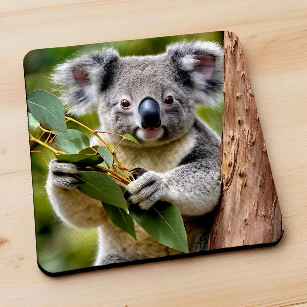 Side view of Koala Holding Gum Leaves neoprene coasters, showcasing a charming, photorealistic wildlife image by Laser Design Creations.