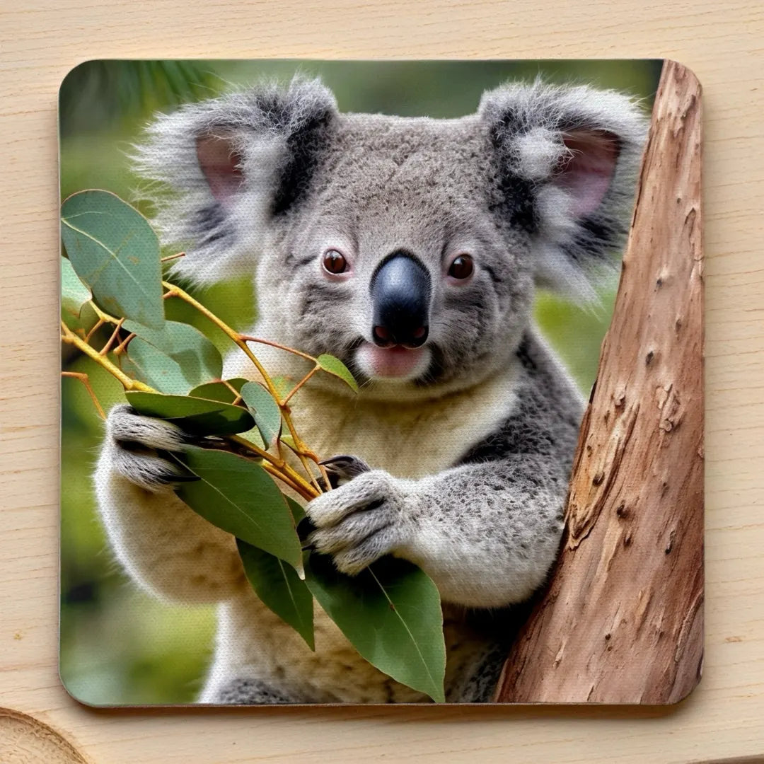 Koala neoprene coasters by Laser Design Creations, featuring an adorable koala holding green eucalyptus leaves on a white background.