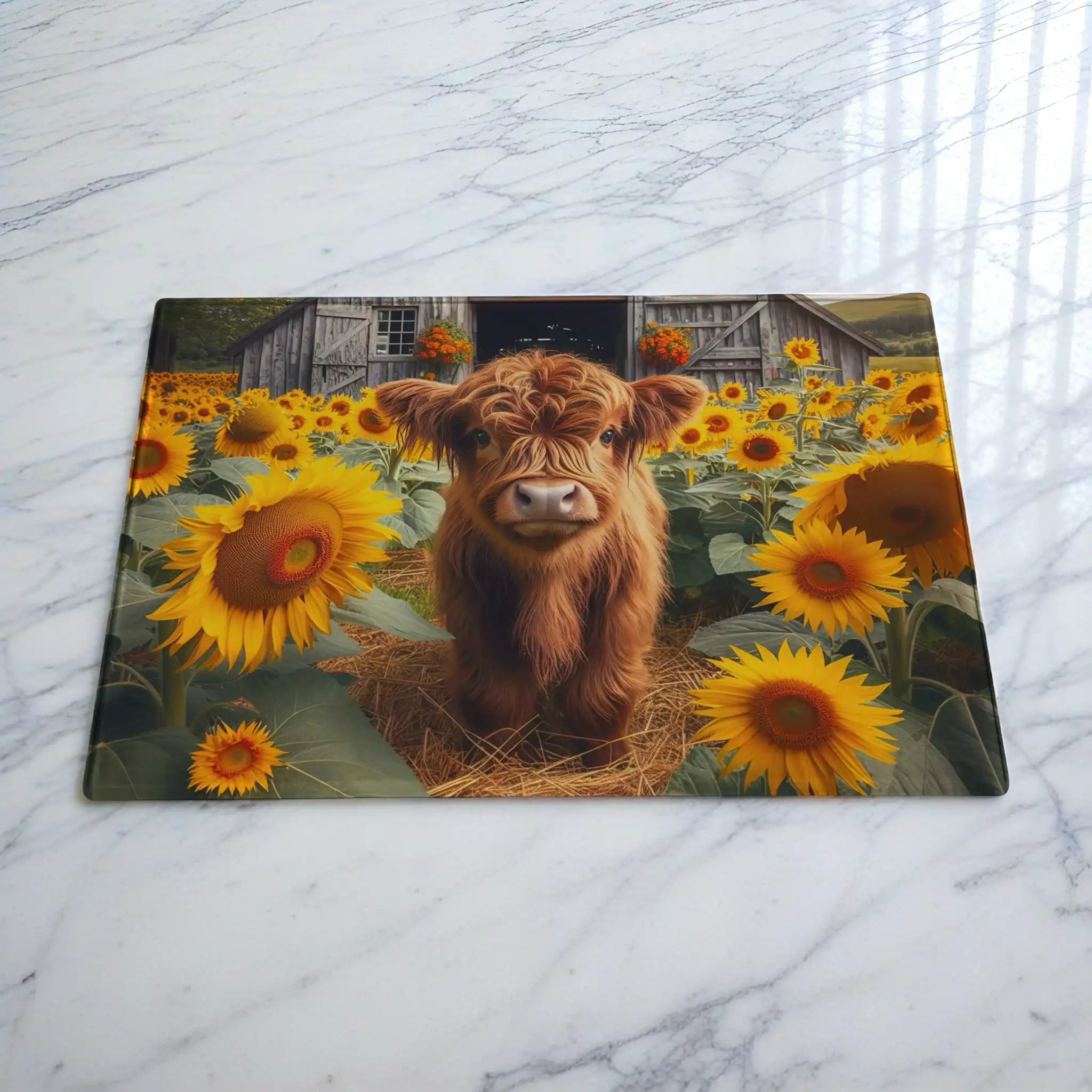 Adorable sunflower Highland calf glass chopping board by Laser Design Creations, featuring a charming country baby cow with vibrant sunflowers and a cottagecore barn background.