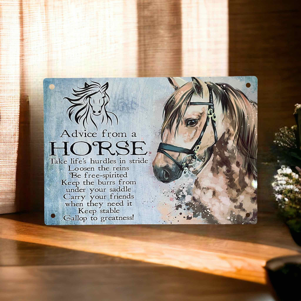 Advice from a Horse aluminium sign by Laser Design Creations, featuring inspirational equestrian wisdom text against a country-style watercolour background.