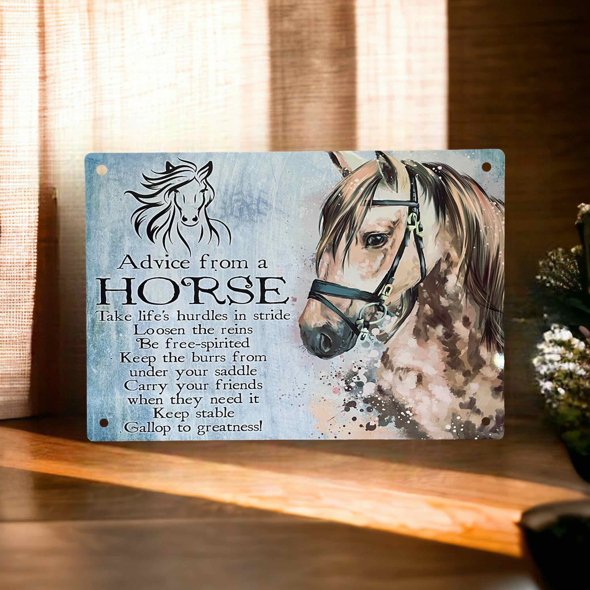Advice from a Horse aluminium sign by Laser Design Creations, featuring inspirational equestrian wisdom text against a country-style watercolour background.