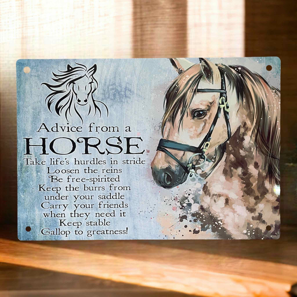 An aluminium sign with a painterly watercolour horse and the inspirational quote 'Advice from a HORSE' from Laser Design Creations