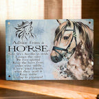 An aluminium sign with a painterly watercolour horse and the inspirational quote 'Advice from a HORSE' from Laser Design Creations