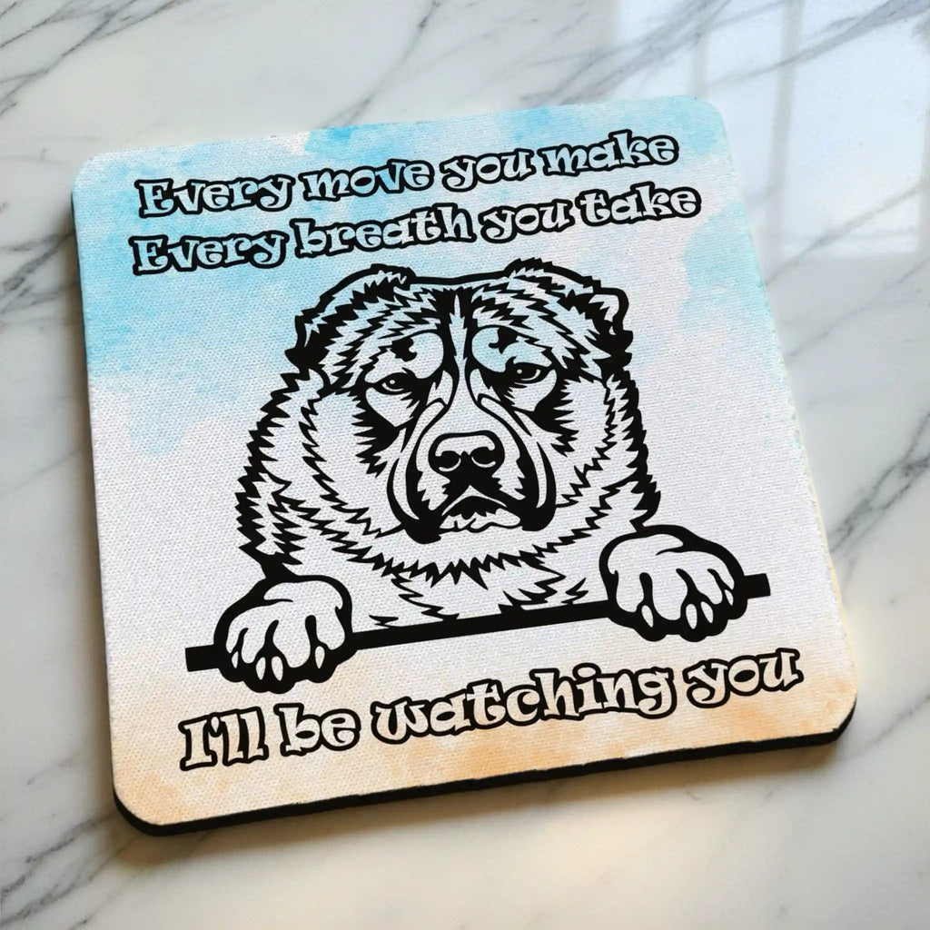 Side view of I'll Be Watching You Peeking Alabai Dog neoprene coaster with slim non-slip base and colourful dog artwork, by Laser Design Creations.