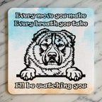 Top view of I'll Be Watching You Peeking Alabai Dog neoprene coaster with playful peeking Central Asian Shepherd artwork, by Laser Design Creations.