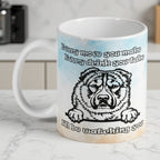 I'll Be Watching You Peeking Alabai Dog ceramic mug by Laser Design Creations, featuring a curious Alabai dog peeking over with I'll Be Watching You text on a neutral background.